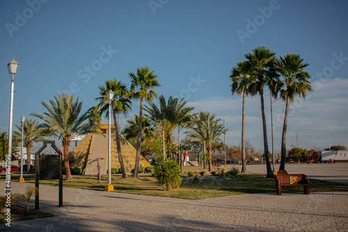 vista de palmeras y piramide a escala de la plaza de las culturas en piedras negras coahuila © Erick