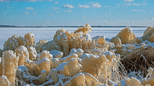 Ice sculptures at the Lauwersmeer in Friesland the Netherlands in winter