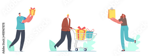 Happy People Carry Gift Boxes Wrapped with Festive Bow. Male Female Characters Prepare Presents for Family and Friends