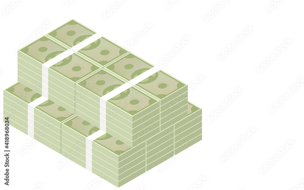 100ドル札が整然と積まれたイラスト、アイソメトリック