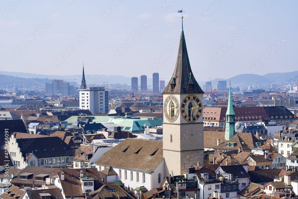 St. Peter church at the old town of Zurich. Photo taken March 8th, 2021, Zurich, Switzerland.