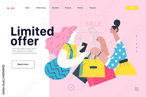 Discounts, sale, promotion - web template - cash desk - modern flat vector illustration concept of a customer and a shop assistant. Selling interaction and purchasing process. Limited offer