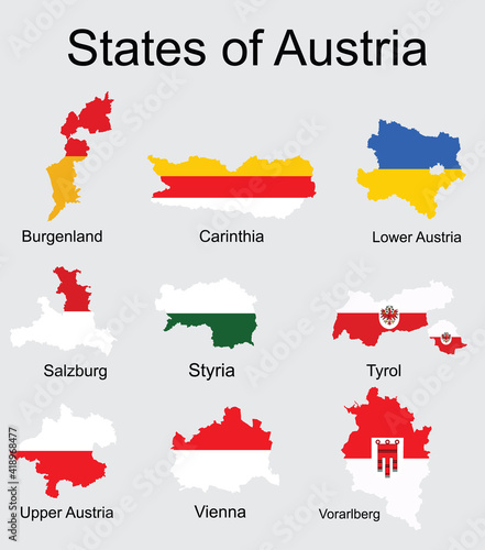 Silhouettes of the federal states of Austria, vector illustration. Austria map flag of federal states. Burgenland, Carinthia, Salzburg, Styria, Tyrol, Vienna, Voralberg, Lower and Upper Austria. photo