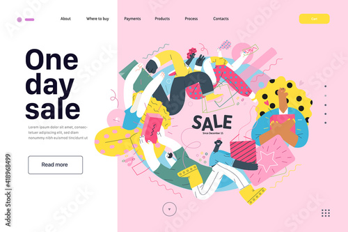 Discounts, sale, promotion vignette - web template - modern flat vector concept illustration of people crowd running in the pursuit of the discounts, with a big percent sign. One day sale