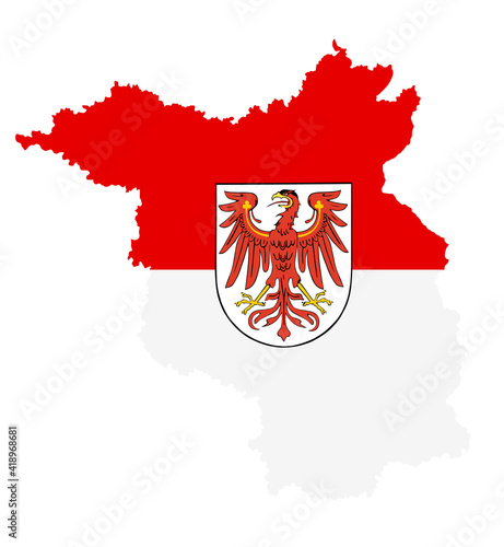 Coat of arms on Brandenburg map flag vector silhouette illustration isolated on background. Province in Germany.  Emblem, shield, national symbol Brandenburg.