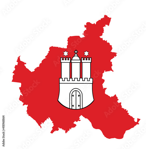 Coat of arms of Hamburg, Germany, over
Hamburg map vector silhouette illustration isolated on white background. German province.