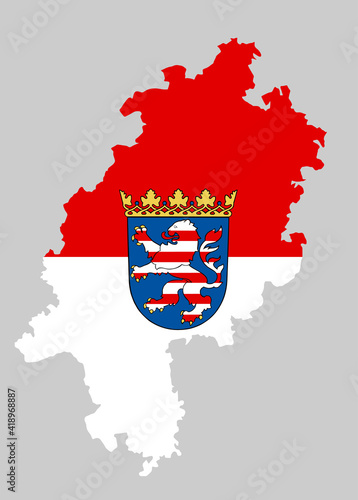 Hessen map and flag vector silhouette illustration isolated on  background. Coat of arms of Hesse, Hessen, Germany state.