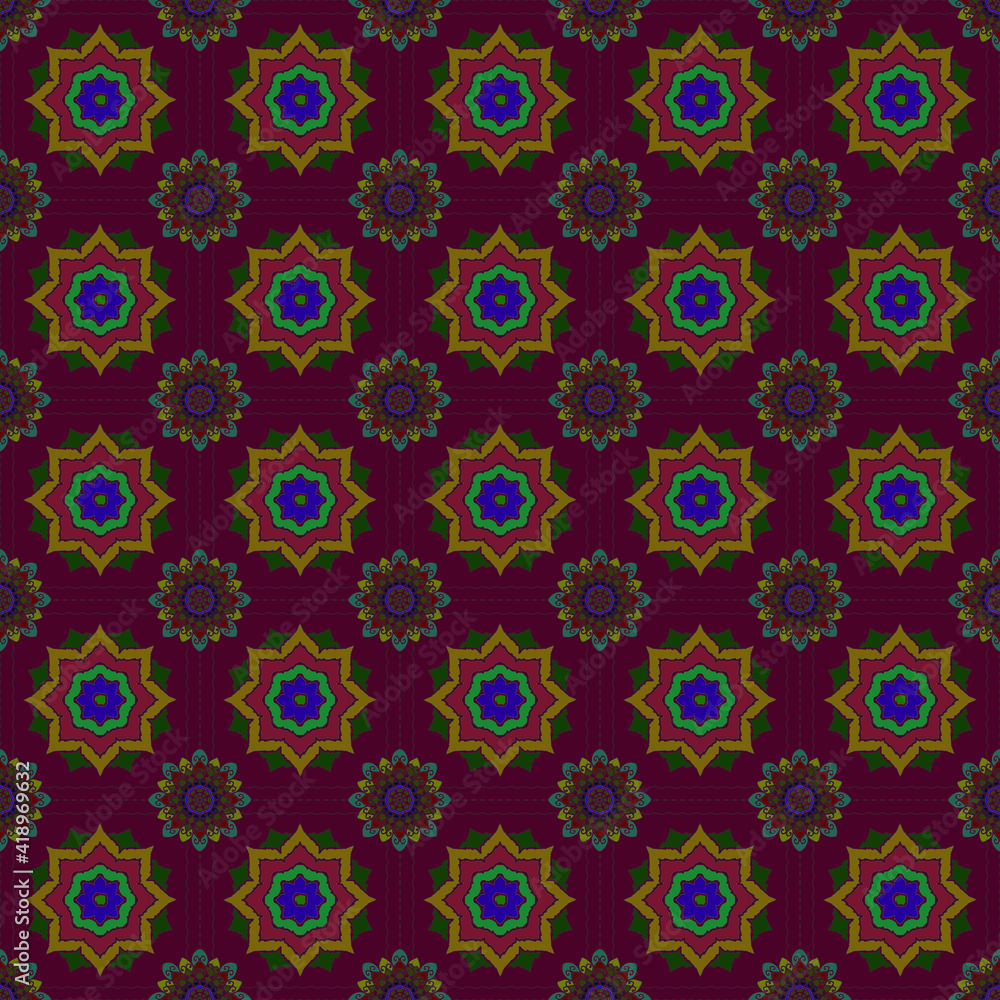 Seamless Vintage Flower Pattern.Raster Hip fabric pattern.Flower Mandala seamless pattern.Seamless Doodles.Islam, Arabic,Indian.Endless Raster illustration.Template Colored mandala raster circle. 