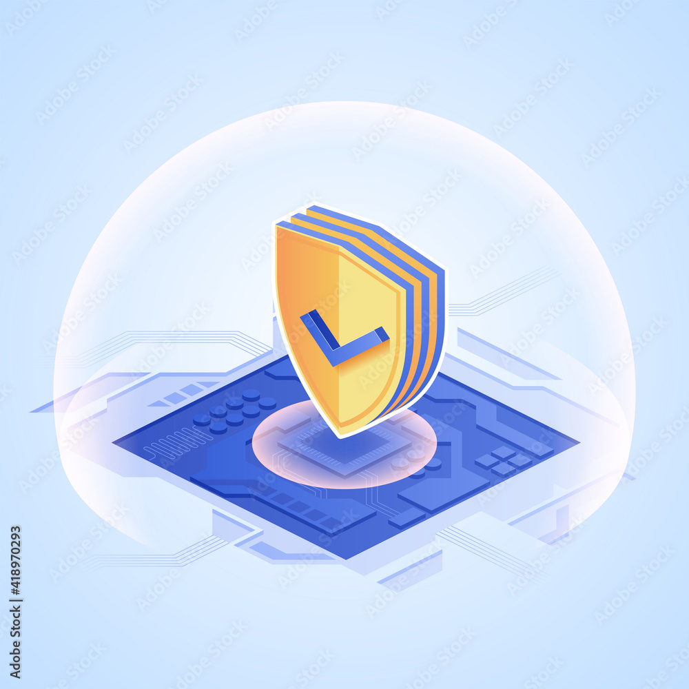 Digital protection concept. Shield with checkmark on microchip in ...