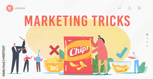 Fake Packaging Marketing Tricks Landing Page Template. Tiny Characters at Huge Bowls with Potato Chips, Magician