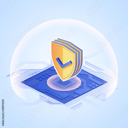 Digital protection concept. Shield with checkmark on microchip in isometric design