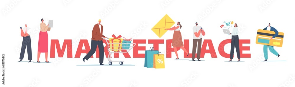 Marketplace Retail Business, Online Shopping Concept. Male and Female Characters Use Digital Devices for Shopping