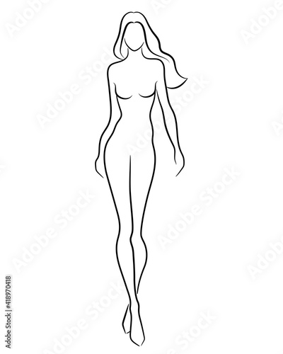 Silhouette of a beautiful nude woman, vector illustration. Female body line art. Fashion model posing. Beauty logo design element.