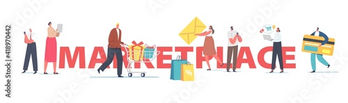 Marketplace Retail Business, Online Shopping Concept. Male and Female Characters Use Digital Devices for Shopping
