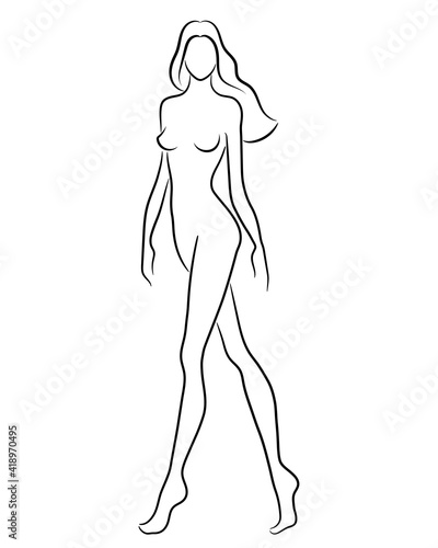 Silhouette of a beautiful nude woman, vector illustration. Female body line art. Fashion model posing. Beauty logo design element.