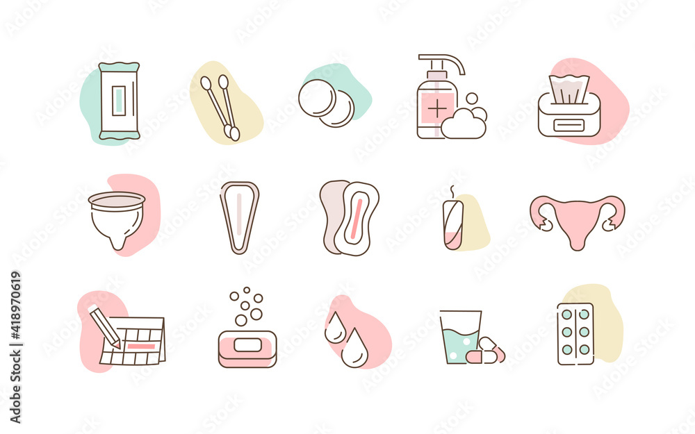 Woman Menstruation Cycle Images. Gynecological hygiene Products. Pad,  Menstrual Cup, Tampons. Feminine Intimate Hygiene for Period. Flat Line  Cartoon Vector Illustration and Icons Set. Stock Vector | Adobe Stock