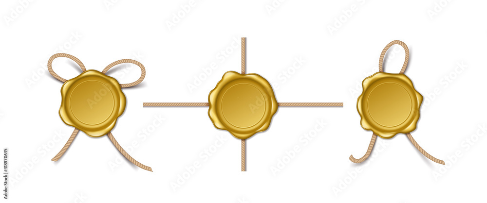 Realistic golden wax stamps with rope. Set of retro seals isolated on white background. Realistic golden wax stamps with rope. Set of retro seals isolated on white background.