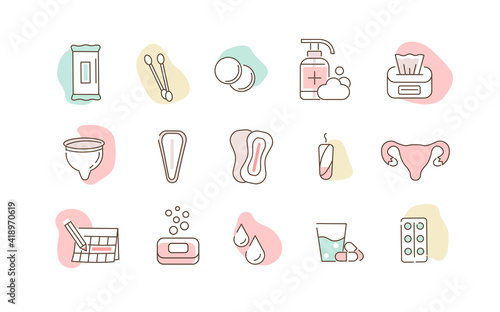 Woman Menstruation Cycle Images. Gynecological hygiene Products. Pad, Menstrual Cup, Tampons. Feminine Intimate Hygiene for Period. Flat Line Cartoon Vector Illustration and Icons Set.