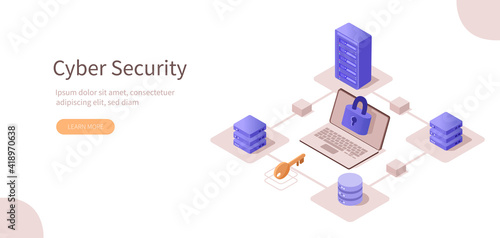 Laptop with Security Connection to Data Center and to External Hard Drive. Cyber Security Service for Personal Data Protection. Online Hosting Technology Concept. Flat Isometric Vector Illustration. 
