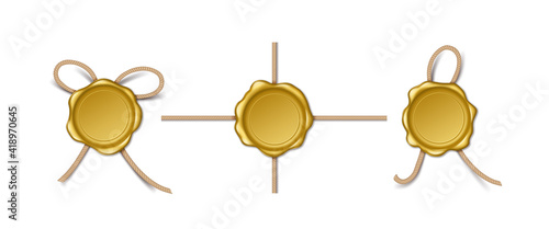 Realistic golden wax stamps with rope. Set of retro seals isolated on white background.