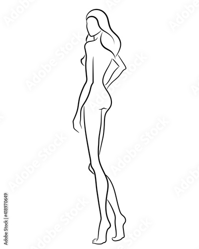 Silhouette of a beautiful nude woman, vector illustration. Female body line art. Fashion model posing. Beauty logo design element.