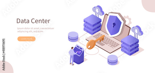 Character connecting to Data Center and using Cyber Security Services to Protect Personal Data. Secure  Online Hosting Technology and Cloud Protection Concept. Flat Isometric Vector Illustration. 