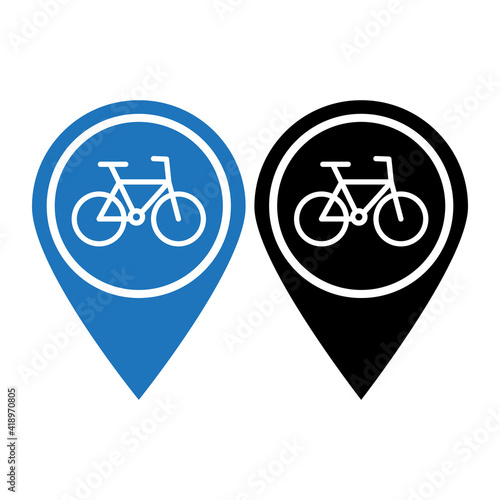 Blue and black map pointer with bicycle sign on white background.