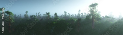 Sequoia grove in the rays of the rising sun  sequoias in the haze  3d rendering