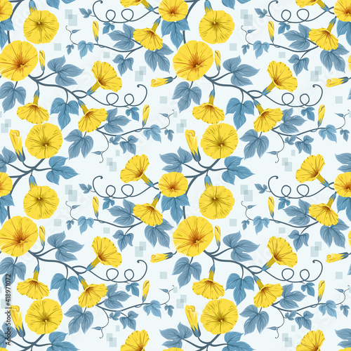 Amazing seamless floral pattern with yellow flowers and green leaves on a light blue background.
