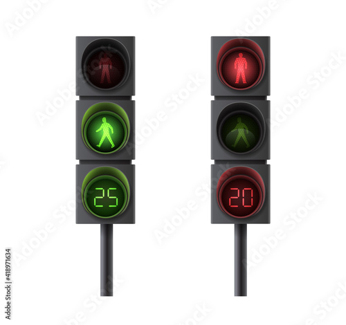 Pedestrian traffic lights with red and green light and timing for movement regulation