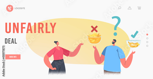 Unfairly Deal Landing Page Template. Characters Compare Big and Small Bowls with Chips. People Perform Fake Packaging
