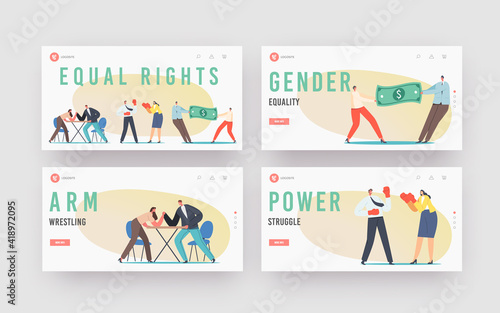 Man and Woman Struggle for Equal Gender Rights Landing Page Template Set. Male Female Characters Arm Wrestling