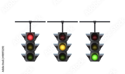Set of realistic traffic lights with yellow, red and green lights isolated on white background
