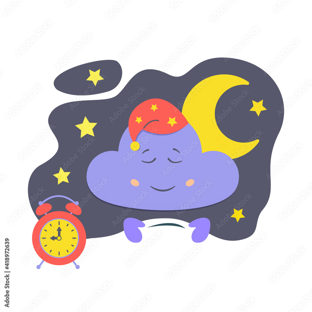 Character sleeping cloud in the night sky, moon and alarm clock. It's time to go to bed concept. For illustrating children's products, books. Stock vector illustration. 