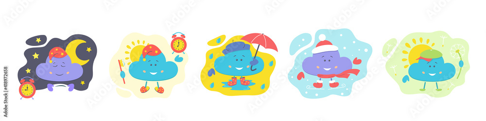 Character cloud set, night and morning, season. Children's stock vector illustration. 