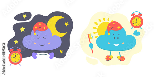 Character cloud set, sleeping and waking up, night and morning. Children's stock vector illustration. 