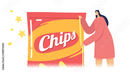 Tiny Female Character Measuring Huge Chips Package with Tape, Woman Presenting Marketing Tricks with Fake Product