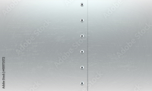 Realistic brushed metal texture with row of screws. Polished stainless steel background