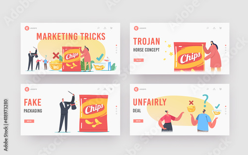 Fake Packaging Marketing Tricks Landing Page Template Set. Tiny Characters at Huge Bowls with Potato Chips
