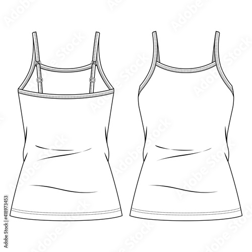 Women Strappy Tank Top fashion flat sketch template. Girls Technical Fashion Illustration. Adjustable Straps