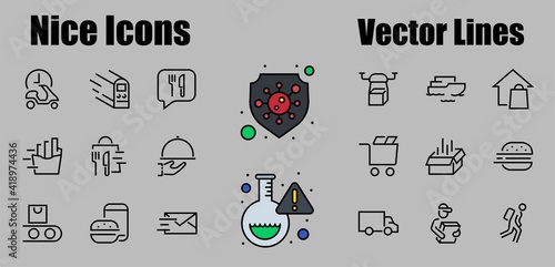 PIZZA DELIVERY, and Food Icon Set Vector thin line, contains courier, home delivery, food ordering, fast transport, drone, ship, car, editable stroke. ICONS circuits