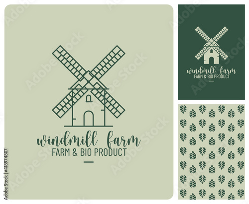 Symbole de moulin à vent pour identité de marque d'une ferme, pour une exploitation maraichère, un producteur de fruits et légimes bio, une minoterie