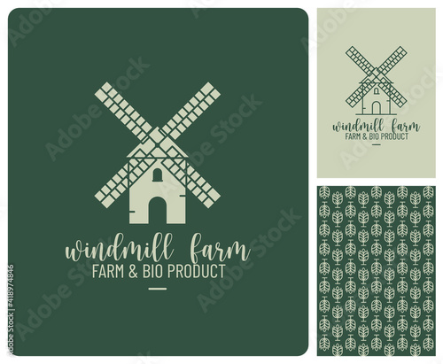 Symbole de moulin à vent pour identité de marque d'une ferme, pour une exploitation maraichère, un producteur de fruits et légimes bio, une minoterie