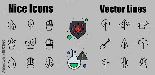 A set of Rosteniya Icons, and garden care, Vector illustration, Contains Icons such as tree, cactus, watering can, spade, flower and much more. on a white background, editable bar 480x480