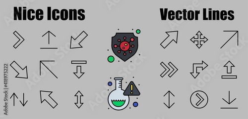 Set of line arrows, directions, arrows, contains icons such as pause, continuation, directly, to the right, Editable stroke. 480x480, On a white background, Vector illustration