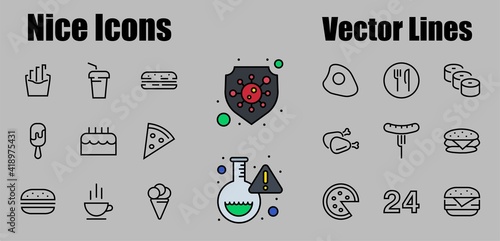 A simple set of fast food icons related to the vector line. Contains icons such as pizza, burger, sushi, bike, scrambled eggs and more. EDITABLE stroke. EPS 10