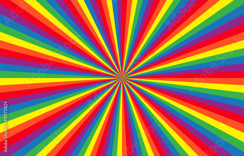 Vibrant rainbow Sunburst Background. LGBTQ flag Ray star burst backdrop. Vector Illustration