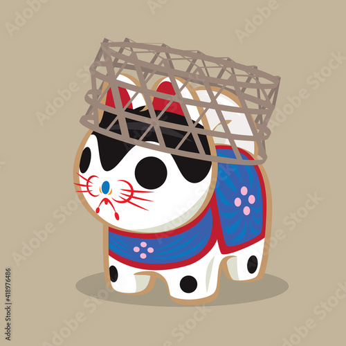 Cartoon illustration of a Japanese folk toy - paper craft dog doll (Inu Hariko) carrying with a bamboo basket. A symbol of a charm of happiness.
