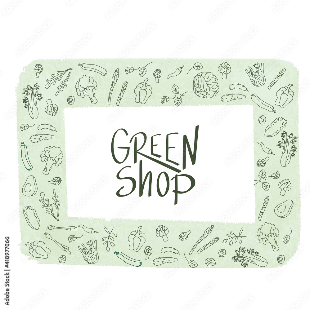 Fototapeta premium Green shop sign with green outline vegetables frame. Handwritten lettering fresh font for sign shop, window sticker supermarket, poster. Vector stock illustration isolated on white background. EPS10