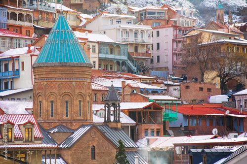 Close up view Old Tbilisi buildings architecture and colorful decor houses in winter.Sightseeing landmarks Caucasus